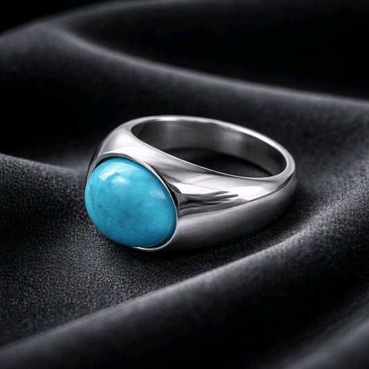 WOMEN'S MEN'S SILVER RING WITH TURQUOISE NATURAL GEMSTONE &STAINLESS STEEL