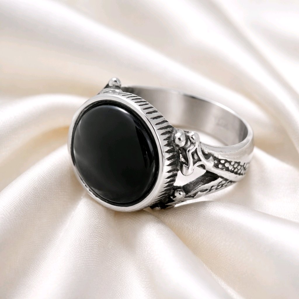 BLACK ONYX SIGNET RING, BLACK ROUND GEMSTONE, STAINLESS STEEL RING , FOR MEN, WOMEN