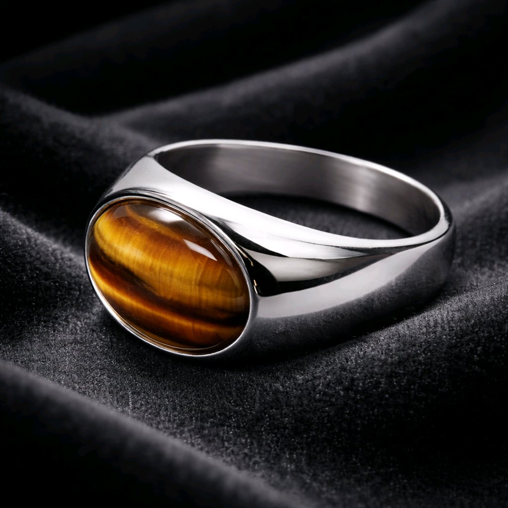 WOMEN'S MEN'S SILVER RING WITH TIGER'S EYE NATURAL GEMSTONE &STAINLESS STEEL