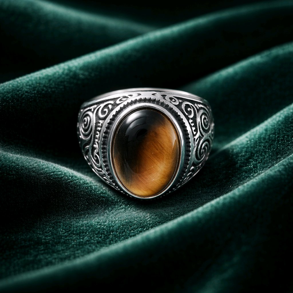 Tiger's Eye Ring , Signet Floral Vintage Stone Ring  Stainless Steel 316L For men