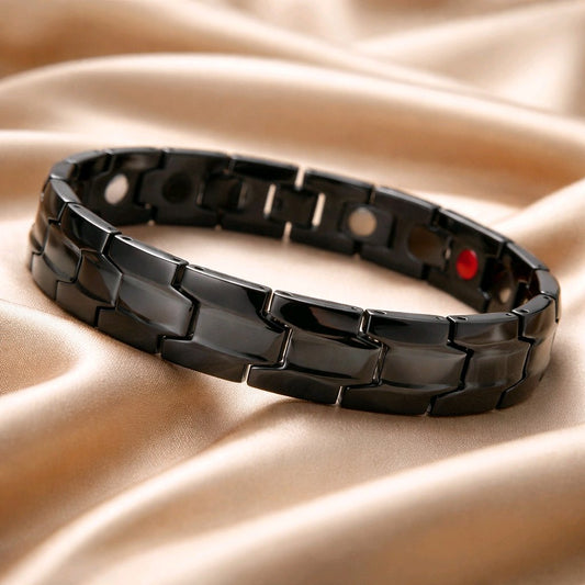 MEN'S LARGE SINGLE ROW BIO MAGNETIC BRACELET STAINLESS STEEL 5 IN 1 BLACK