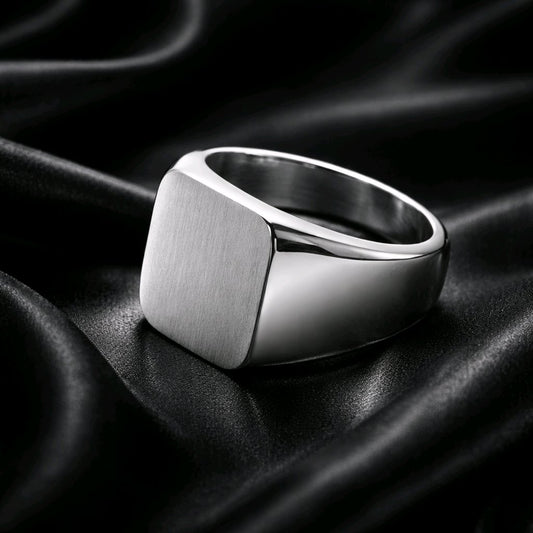 Silver Ring Stainless Steel Square  Signet  Matte&Shine Mens Womens