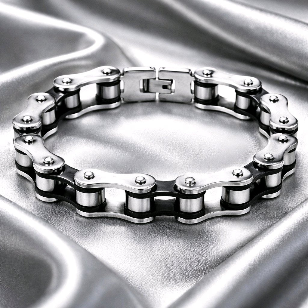 Rugged 10mm Biker Gothic Chain Bracelet - Solid Stainless Steel Silver & Black Wristband