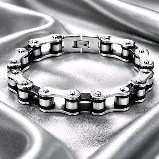 Rugged 10mm Biker Gothic Chain Bracelet - Solid Stainless Steel Silver & Black Wristband