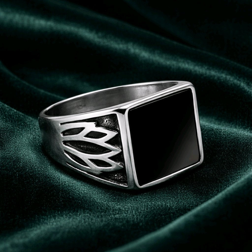 MEN"S CHUNKY SYGNET WITH BLACK STONE STAINLESS STEEL 316L RING