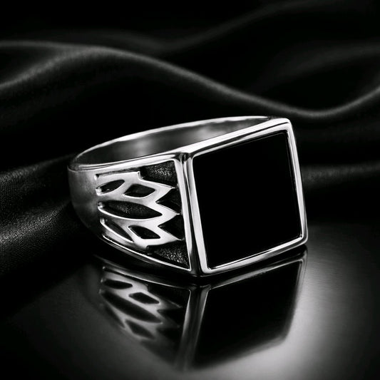 MEN"S CHUNKY SYGNET WITH BLACK STONE STAINLESS STEEL 316L RING