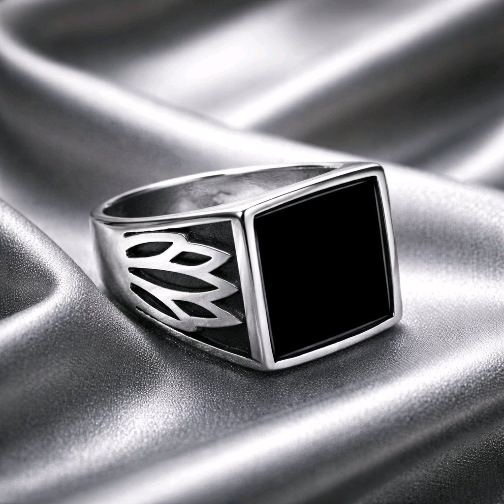 MEN"S CHUNKY SYGNET WITH BLACK STONE STAINLESS STEEL 316L RING
