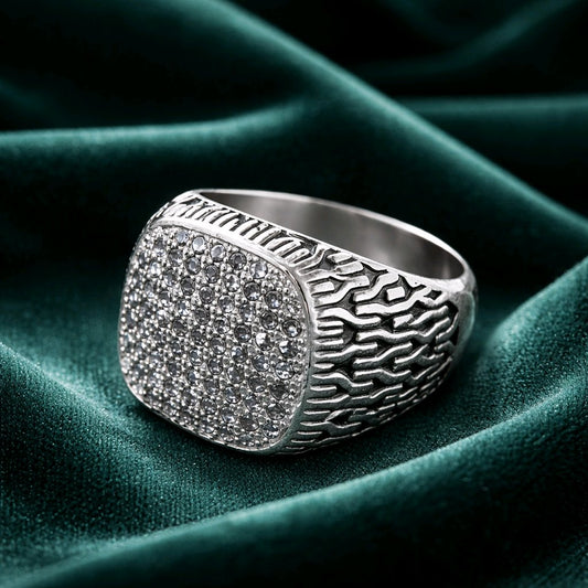 SPARKLY silver SYGNET stainless steel 316L RING with Cubic Zirconia gemstones