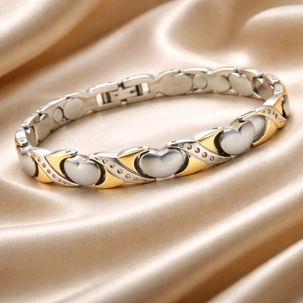 Elegant Women's Biomagnetic Bracelet with Hearts silver/gold stainless steel