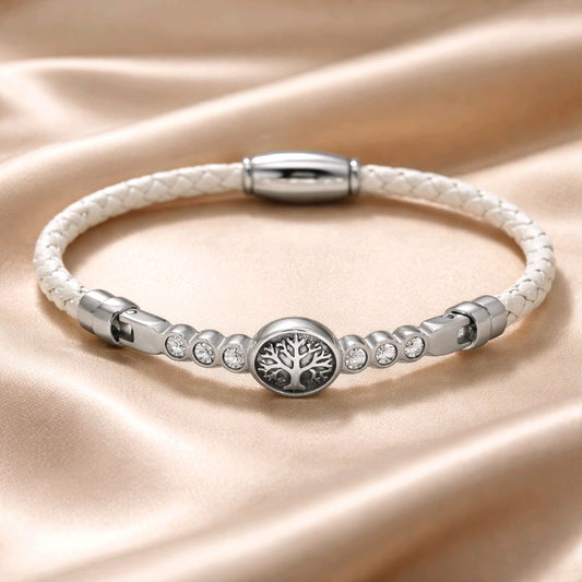 WOMEN'S WOVEN LEATHER BRACELET STAINLESS STEEL TREE OF LIFE WHITE