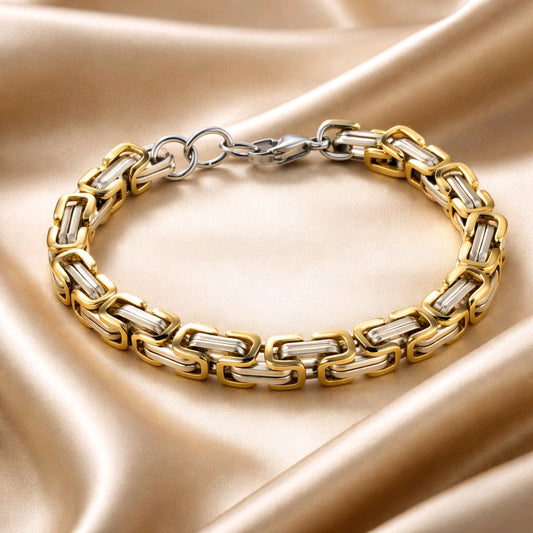 MEN'S CHUNKY LINK CHAIN BYZANTINE STAINLESS STEEL BRACELET SILVER/GOLD 8MM