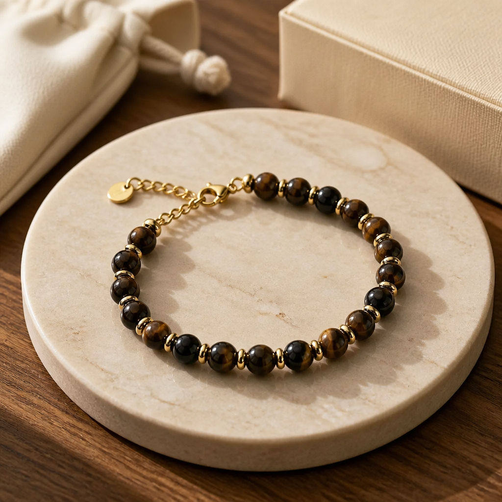 Tiger's Eye Gemstone Bracelet 5mm, Stainless Steel in Gold, Waterproof Adjustable