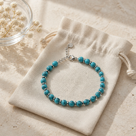 Women's natural turquoise stone & stainless steel beaded bracelet 5mm