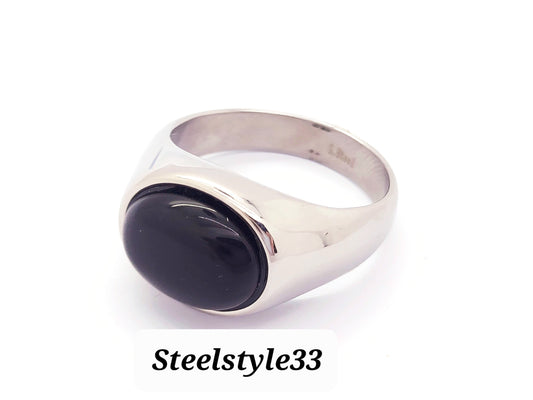 SILVER SIGNET WITH NATURAL BLACK ONYX GEMSTONE STAINLESS STEEL RING WOMENS