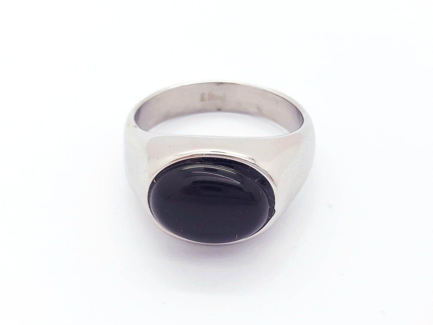 SILVER SIGNET WITH NATURAL BLACK ONYX GEMSTONE STAINLESS STEEL RING WOMENS