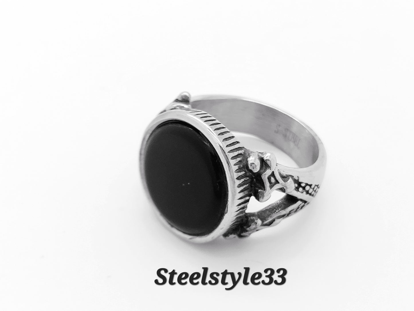 BLACK ONYX SIGNET RING, BLACK ROUND GEMSTONE, STAINLESS STEEL RING , FOR MEN, WOMEN