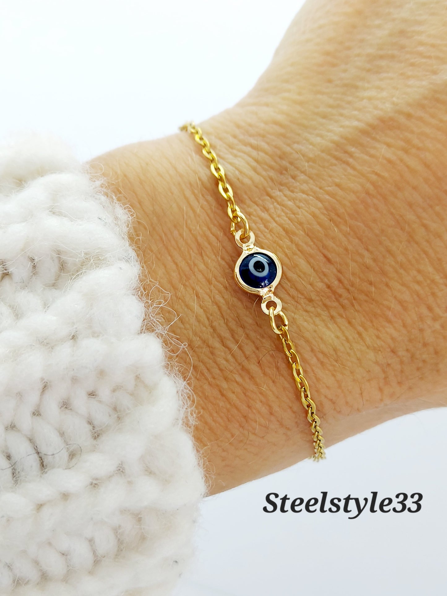 Women's 18K GOLD PLATED Turkish greek evil blue eye BRACELET stainless steel