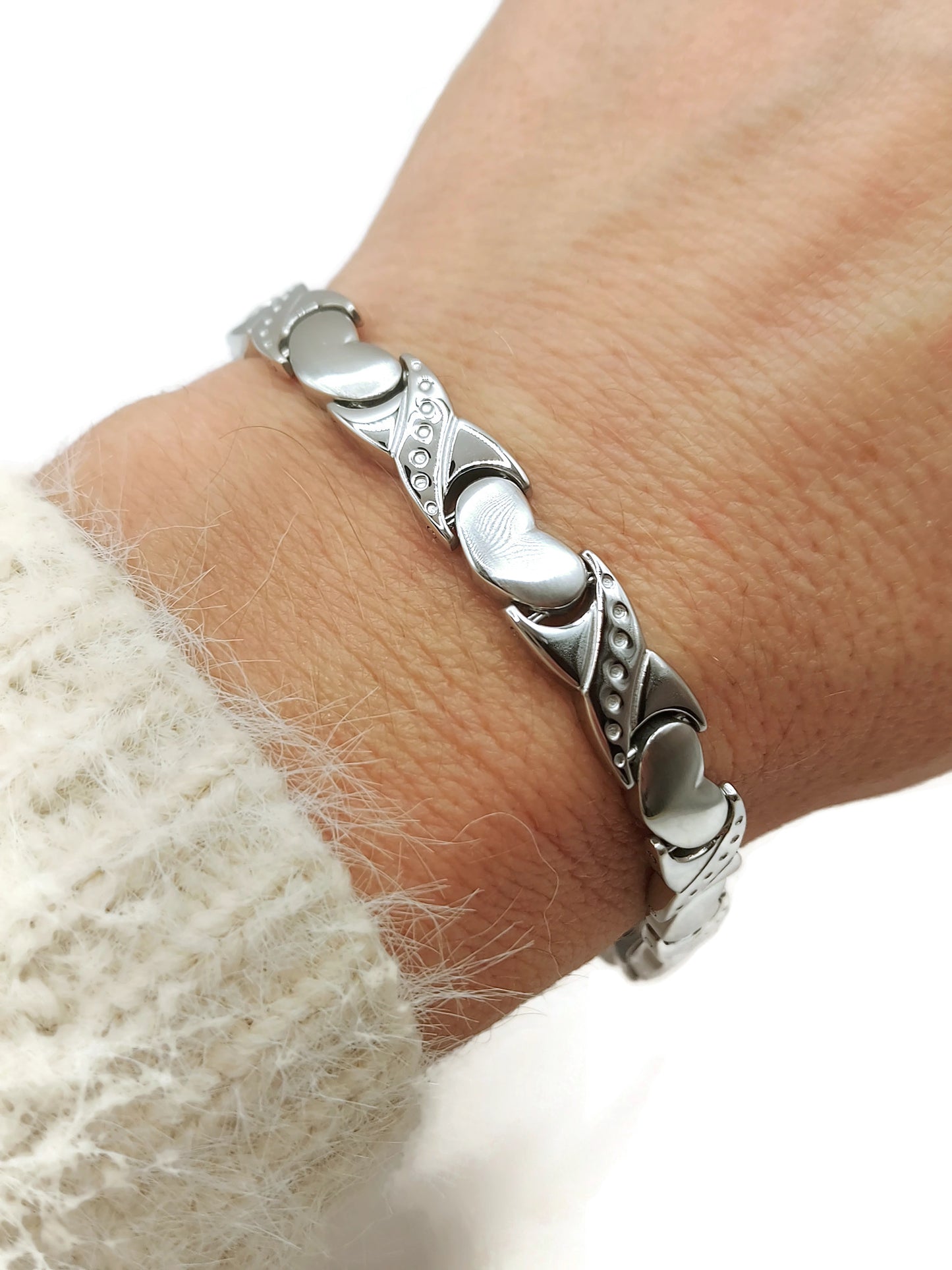 Elegant Women's Biomagnetic Bracelet with Hearts  stainless steel in silver