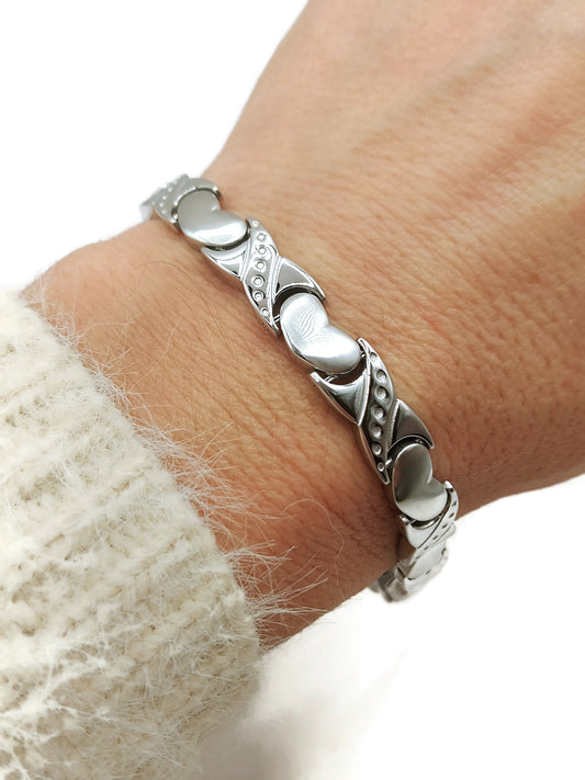 Elegant Women's Biomagnetic Bracelet with Hearts  stainless steel in silver