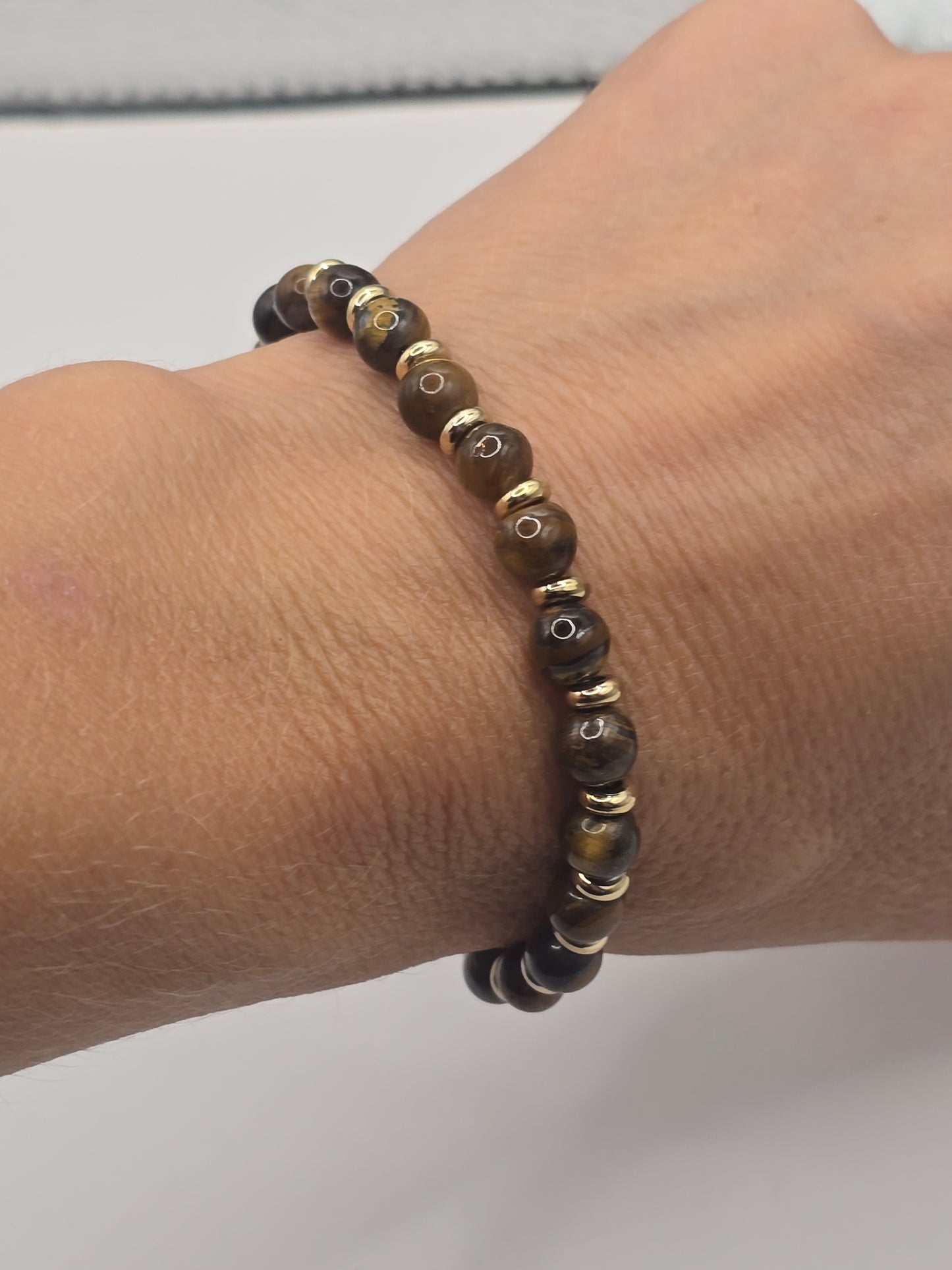 Tiger's Eye Gemstone Bracelet 5mm, Stainless Steel in Gold, Waterproof Adjustable