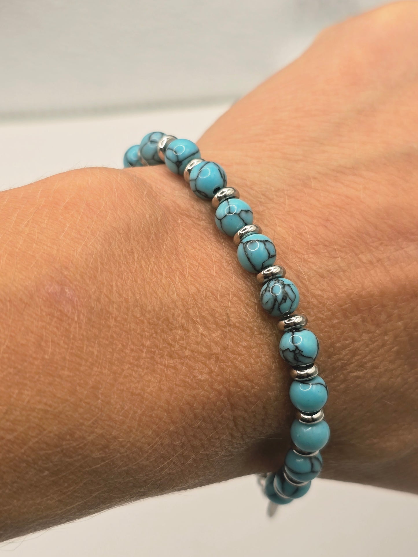 Women's natural turquoise stone & stainless steel beaded bracelet 5mm