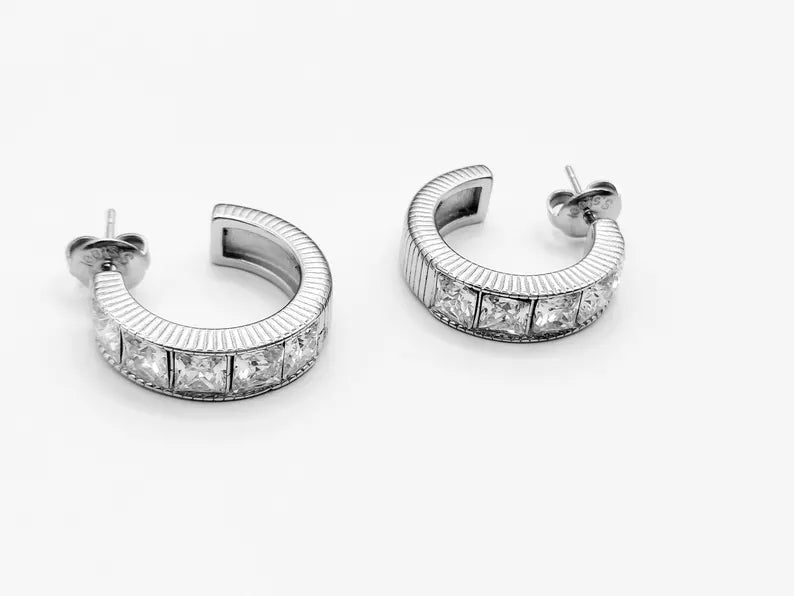 Elegant Silver Cubic Zirconia Hoop Earrings: Stainless Steel Jewelry for Women's Everyday Wear Steelstyle33