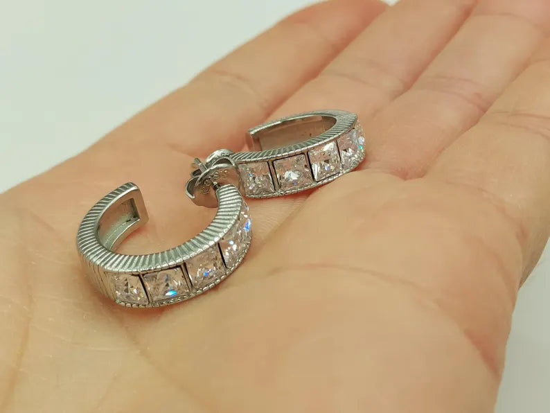 Elegant Silver Cubic Zirconia Hoop Earrings: Stainless Steel Jewelry for Women's Everyday Wear Steelstyle33