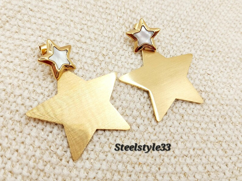 Elegant 18K Gold-Plated Double Star Stud Earrings - Tarnish-Free Stainless Steel for Women, Wedding Gift steelstyle33