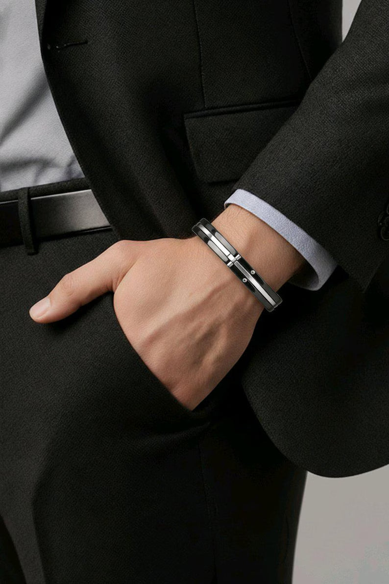 HANDCUFF STAINLESS STEEL WRISTBAND MEN'S JEWELLERY BRACELET BLACK&SILVER