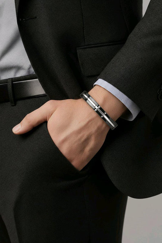 HANDCUFF STAINLESS STEEL WRISTBAND MEN'S JEWELLERY BRACELET BLACK&SILVER