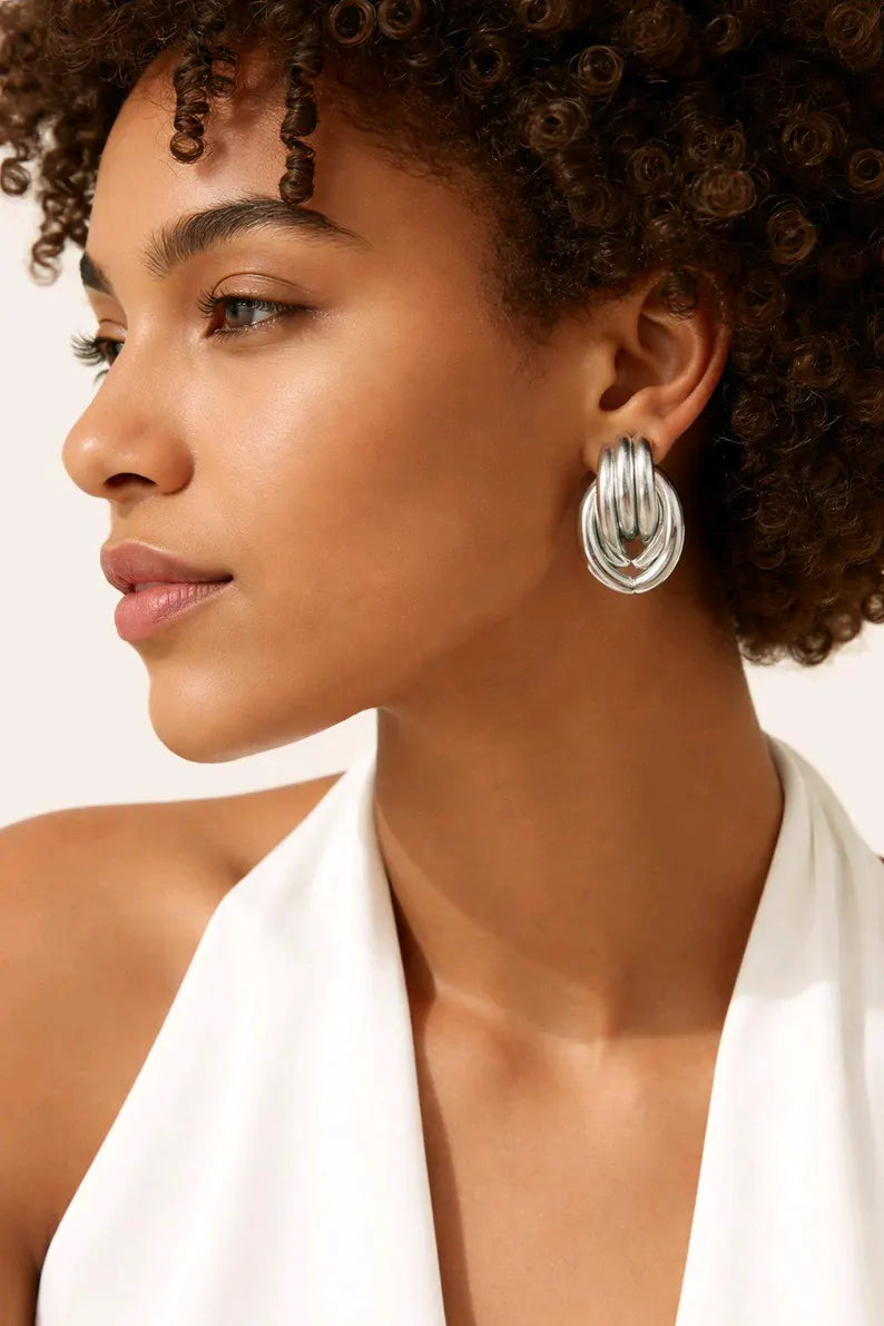 Waterproof Twisted Stainless Steel Silver Stud Earrings - Hypoallergenic Fashion Jewelry for Everyday Wear