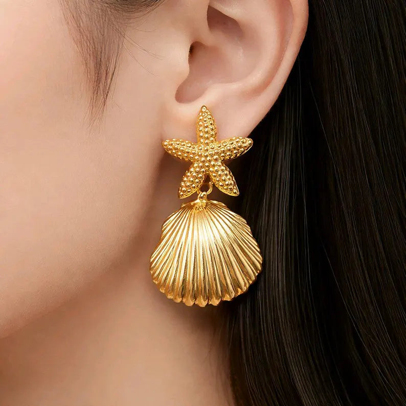 Elegant 18k Gold-Plated Fish & Star Stud Earrings: Tarnish-Free Stainless Steel for Women, Wedding Gift