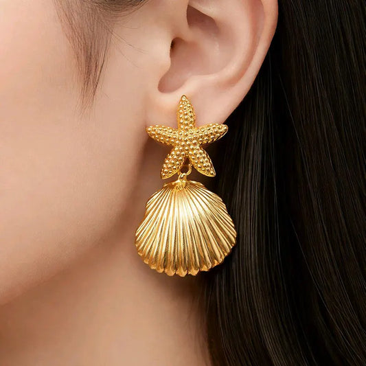 Elegant 18k Gold-Plated Fish & Star Stud Earrings: Tarnish-Free Stainless Steel for Women, Wedding Gift