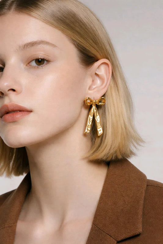 Elegant 18K Gold Plated Bow Earrings - Long Stainless Steel Studs for Women, Wedding Gift, Tarnish-Free