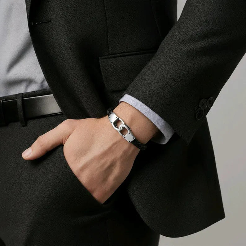 MEN'S HANDCUFF STAINLESS STEEL AND LEATHER BRACELET SILVER/BLACK