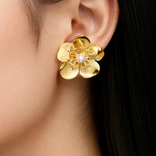 Elegant 18K Gold Plated Waterproof Floral Stud Earrings - Delicate Fashion Jewelry for Women