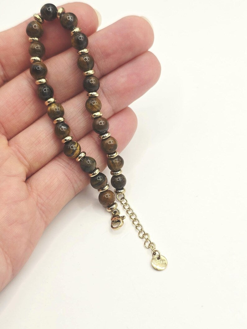 Tiger's Eye Gemstone Bracelet 5mm, Stainless Steel in Gold, Waterproof Adjustable