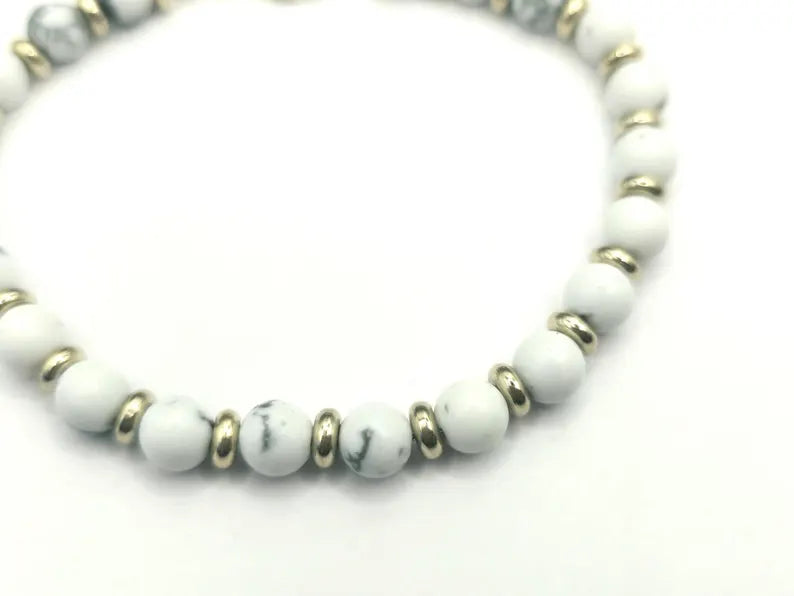 White Howlite Gemstone Bracelet 5mm, Stainless Steel in Gold, Waterproof Adjustable