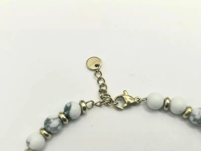 White Howlite Gemstone Bracelet 5mm, Stainless Steel in Gold, Waterproof Adjustable