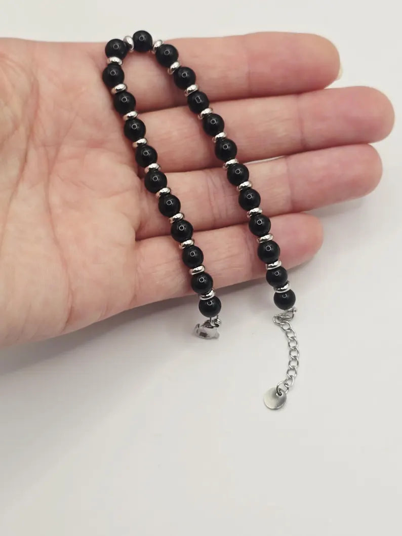 Black Agate Gemstone Bracelet 5mm, Stainless Steel in Silver, Waterproof Adjustable