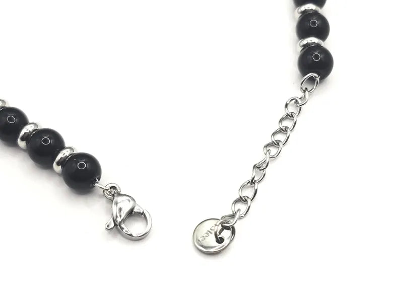 Black Agate Gemstone Bracelet 5mm, Stainless Steel in Silver, Waterproof Adjustable