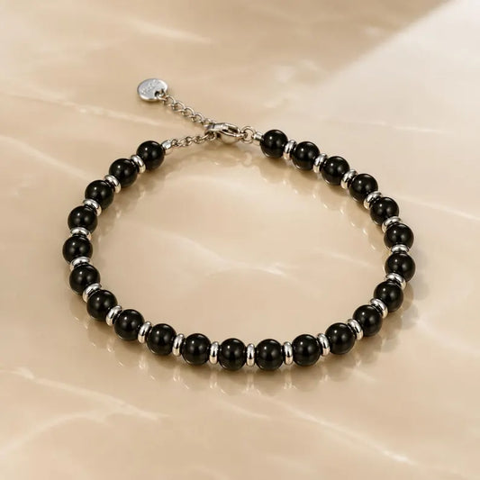 Black Agate Gemstone Bracelet 5mm, Stainless Steel in Silver, Waterproof Adjustable