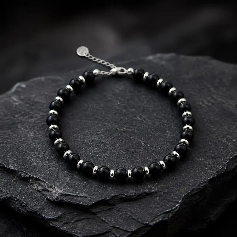 Black Agate Gemstone Bracelet 5mm, Stainless Steel in Silver, Waterproof Adjustable
