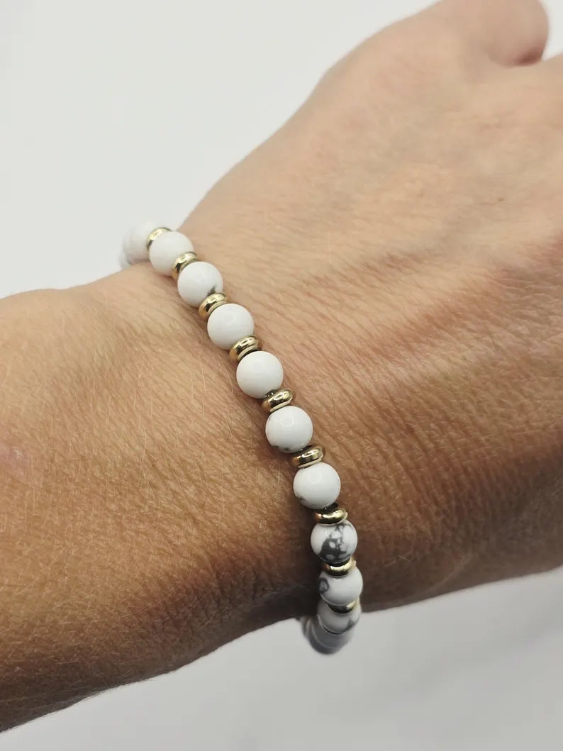 White Howlite Gemstone Bracelet 5mm, Stainless Steel in Gold, Waterproof Adjustable