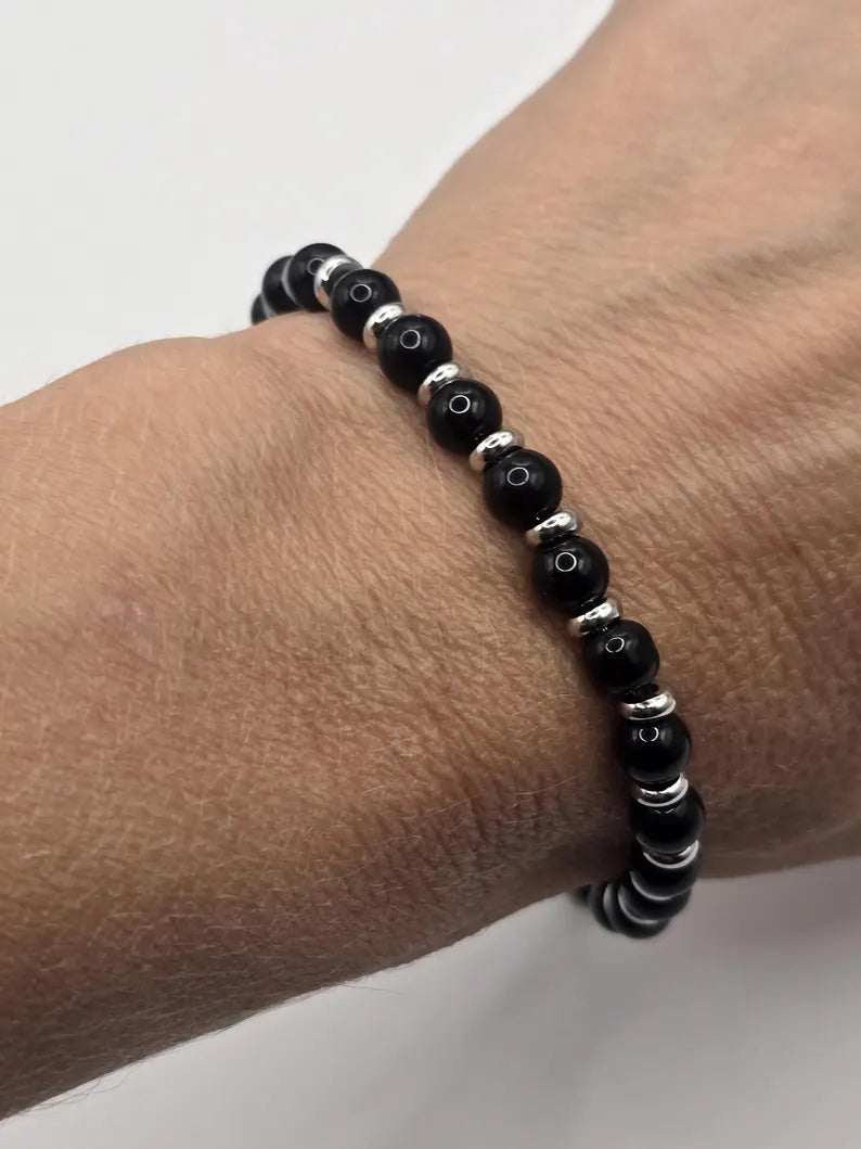 Black Agate Gemstone Bracelet 5mm, Stainless Steel in Silver, Waterproof Adjustable