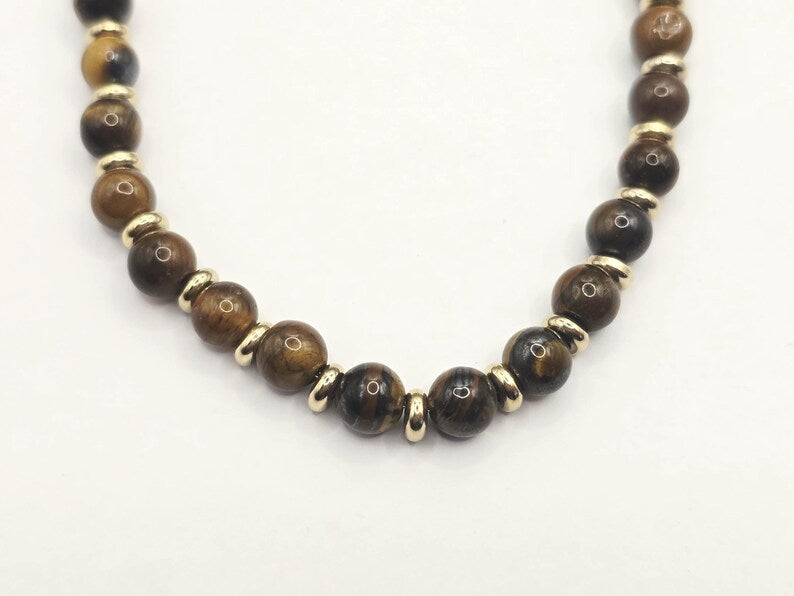 Tiger's Eye Gemstone Bracelet 5mm, Stainless Steel in Gold, Waterproof Adjustable
