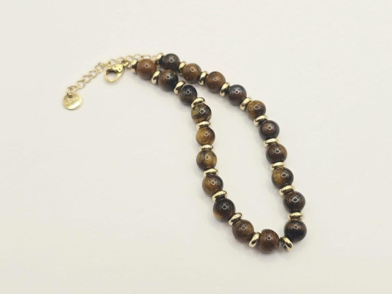 Tiger's Eye Gemstone Bracelet 5mm, Stainless Steel in Gold, Waterproof Adjustable