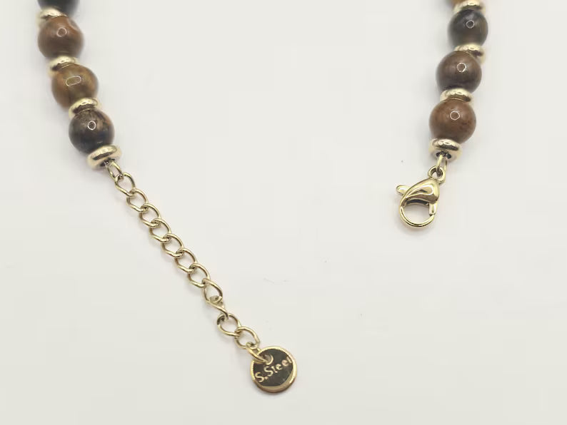 Tiger's Eye Gemstone Bracelet 5mm, Stainless Steel in Gold, Waterproof Adjustable