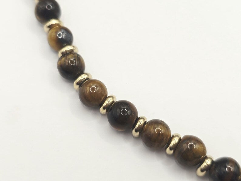 Tiger's Eye Gemstone Bracelet 5mm, Stainless Steel in Gold, Waterproof Adjustable