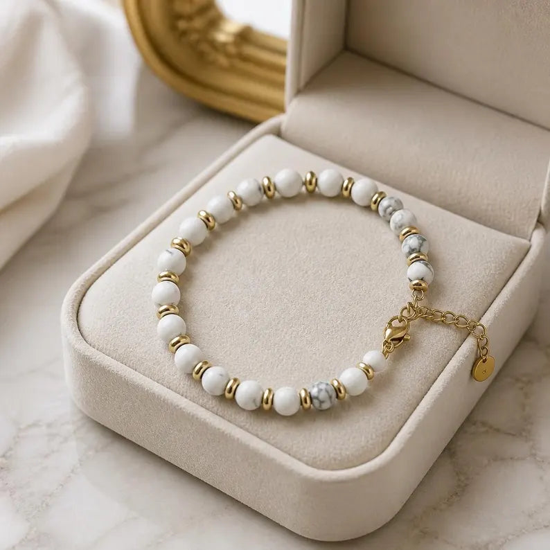 White Howlite Gemstone Bracelet 5mm, Stainless Steel in Gold, Waterproof Adjustable